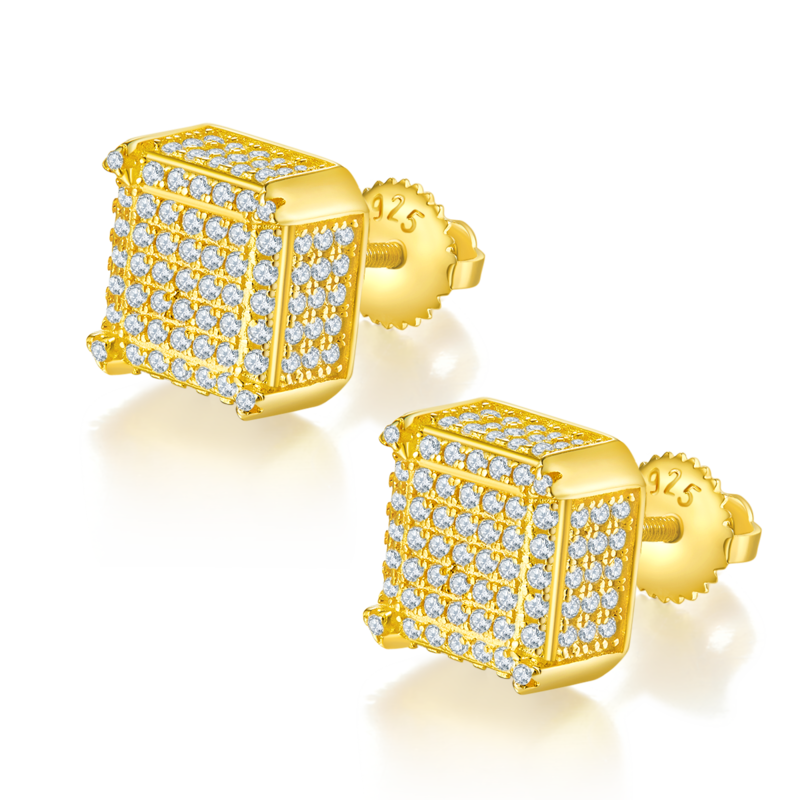 方形侧镶S925银耳钉带螺纹莫桑钻厘石D级1.08CT